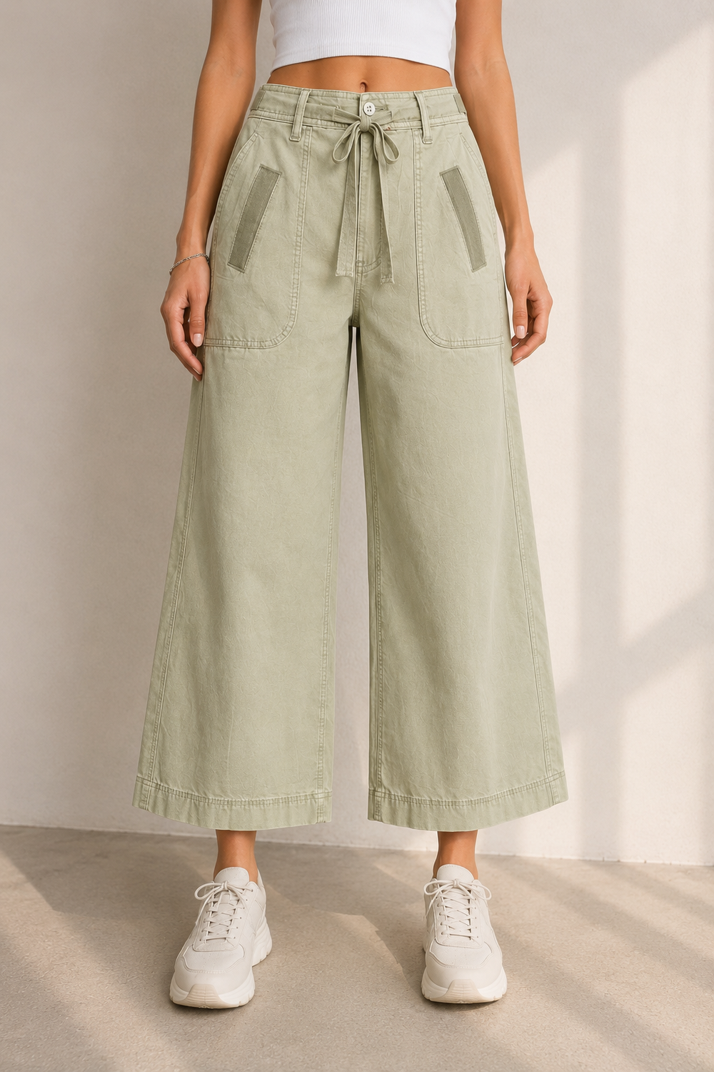Women Olive Green Wide Leg Culotte Pants | High Rise Relaxed Fit Cotton Blend Trousers with Tie-Up Waist & Pockets