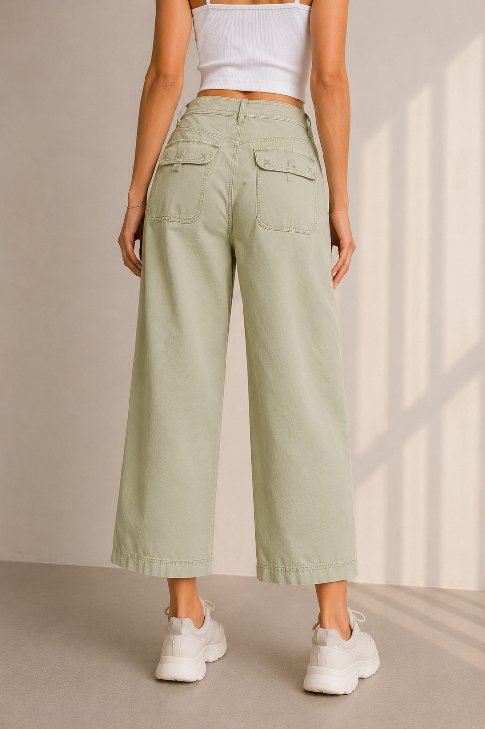 Women Olive Green Wide Leg Culotte Pants | High Rise Relaxed Fit Cotton Blend Trousers with Tie-Up Waist & Pockets