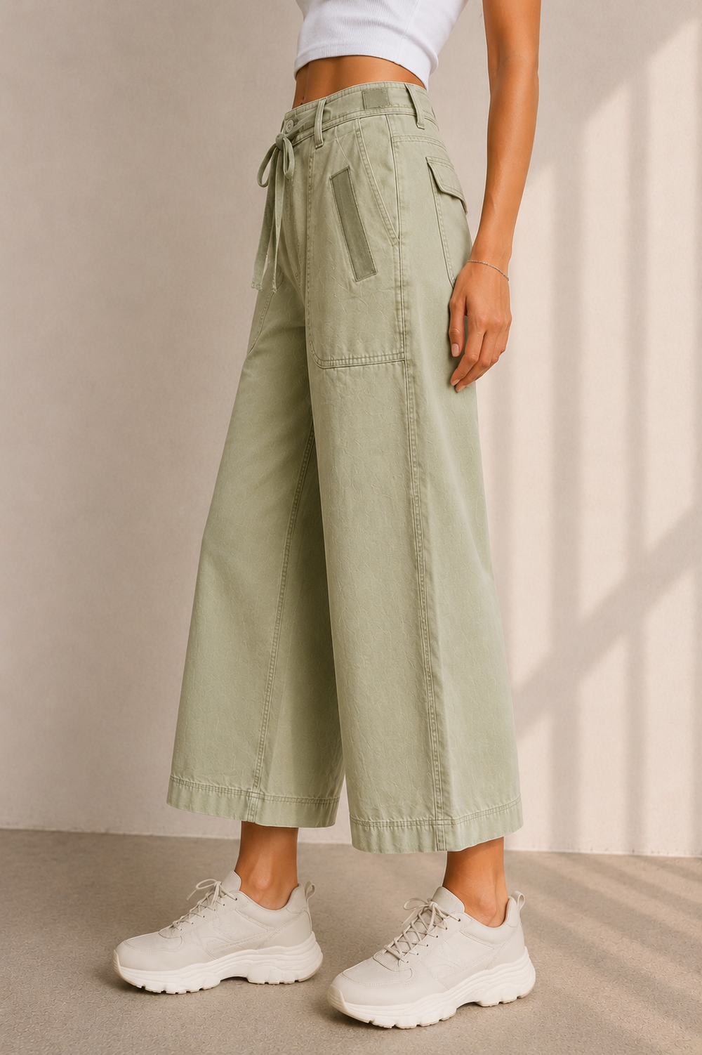 Women Olive Green Wide Leg Culotte Pants | High Rise Relaxed Fit Cotton Blend Trousers with Tie-Up Waist & Pockets