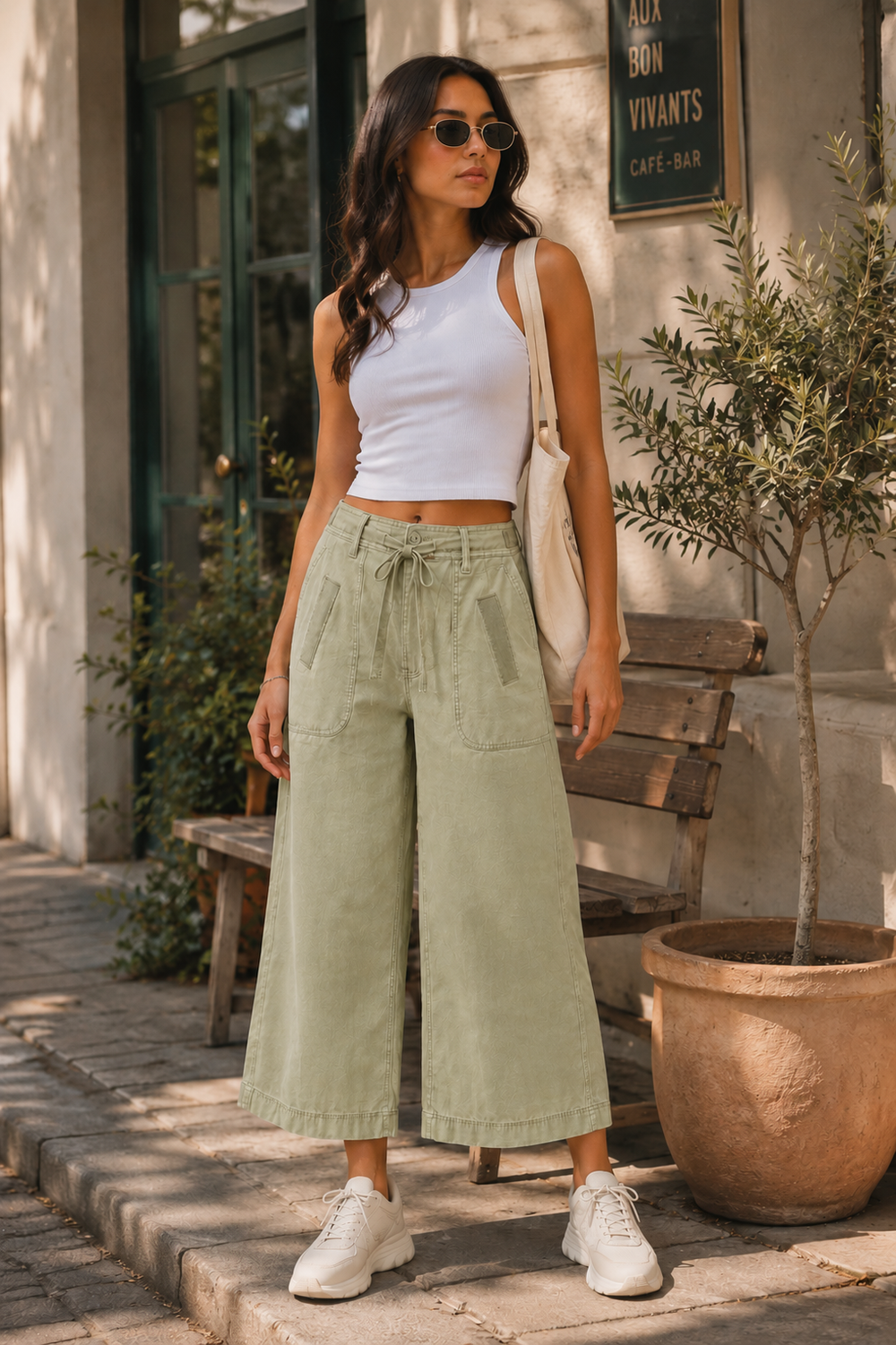 Women Olive Green Wide Leg Culotte Pants | High Rise Relaxed Fit Cotton Blend Trousers with Tie-Up Waist & Pockets
