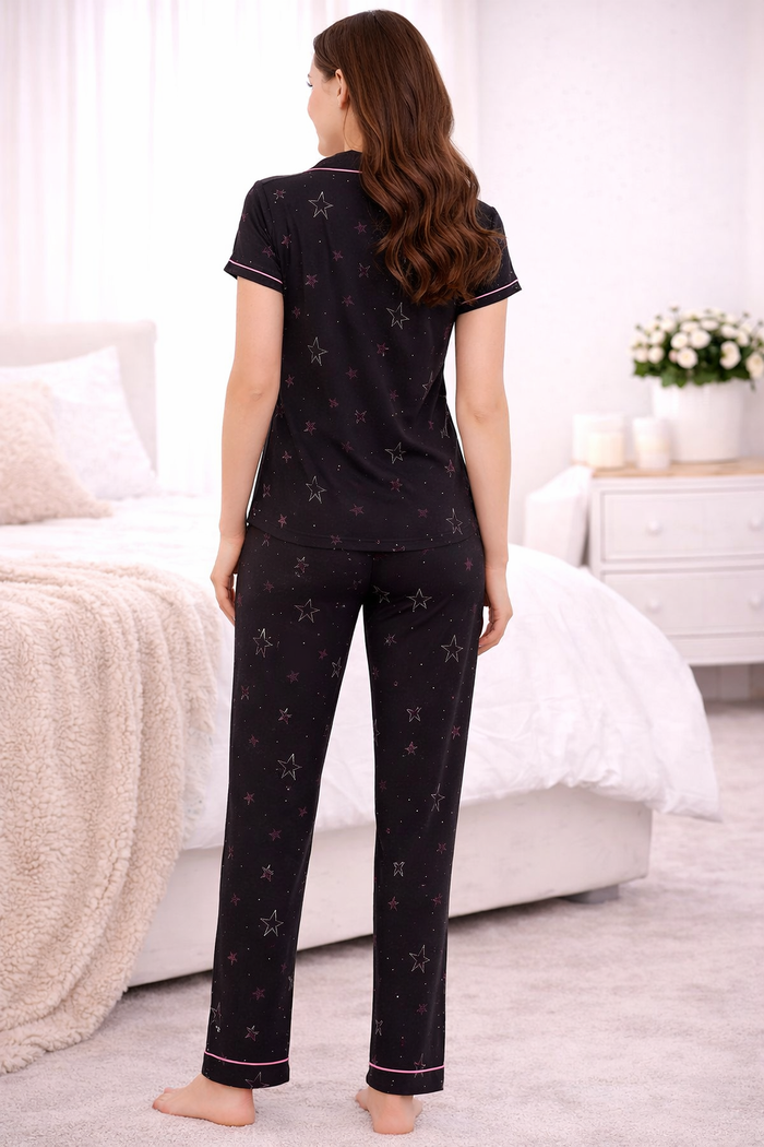 Black Printed Shirt Pajama Set