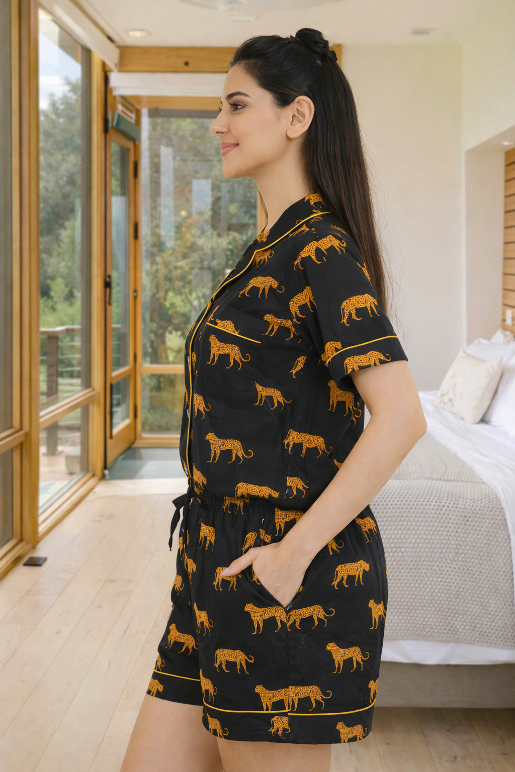 Black safari cotton Shorts Set