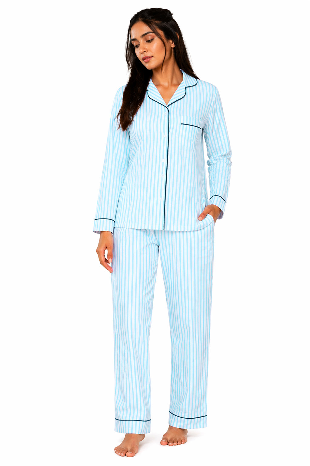 AMPK Women Cotton Night Suit Set Blue Stripes | Full Sleeve Top & Pajama | Comfortable Loungewear