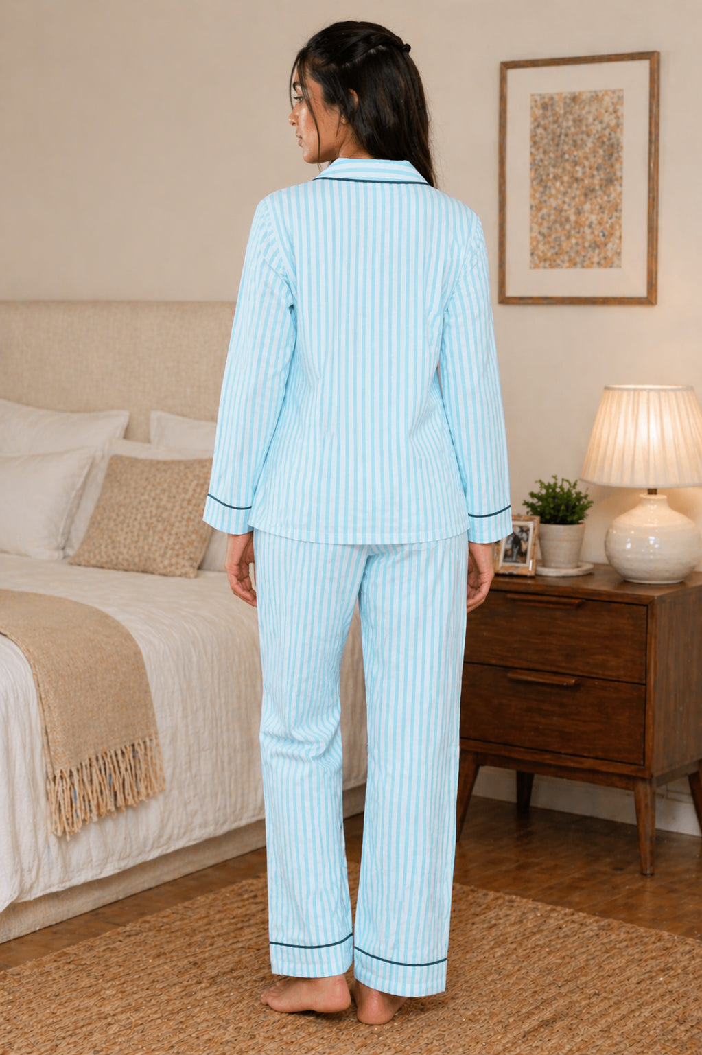 AMPK Women Cotton Night Suit Set Blue Stripes | Full Sleeve Top & Pajama | Comfortable Loungewear