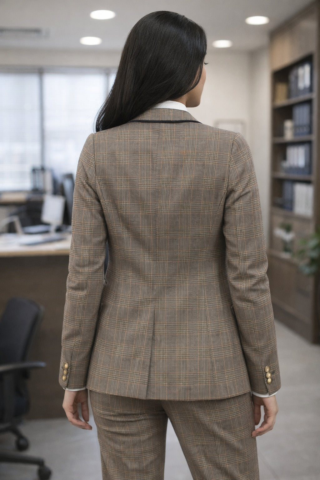 Elegant Brown Plaid Business Suit for Women