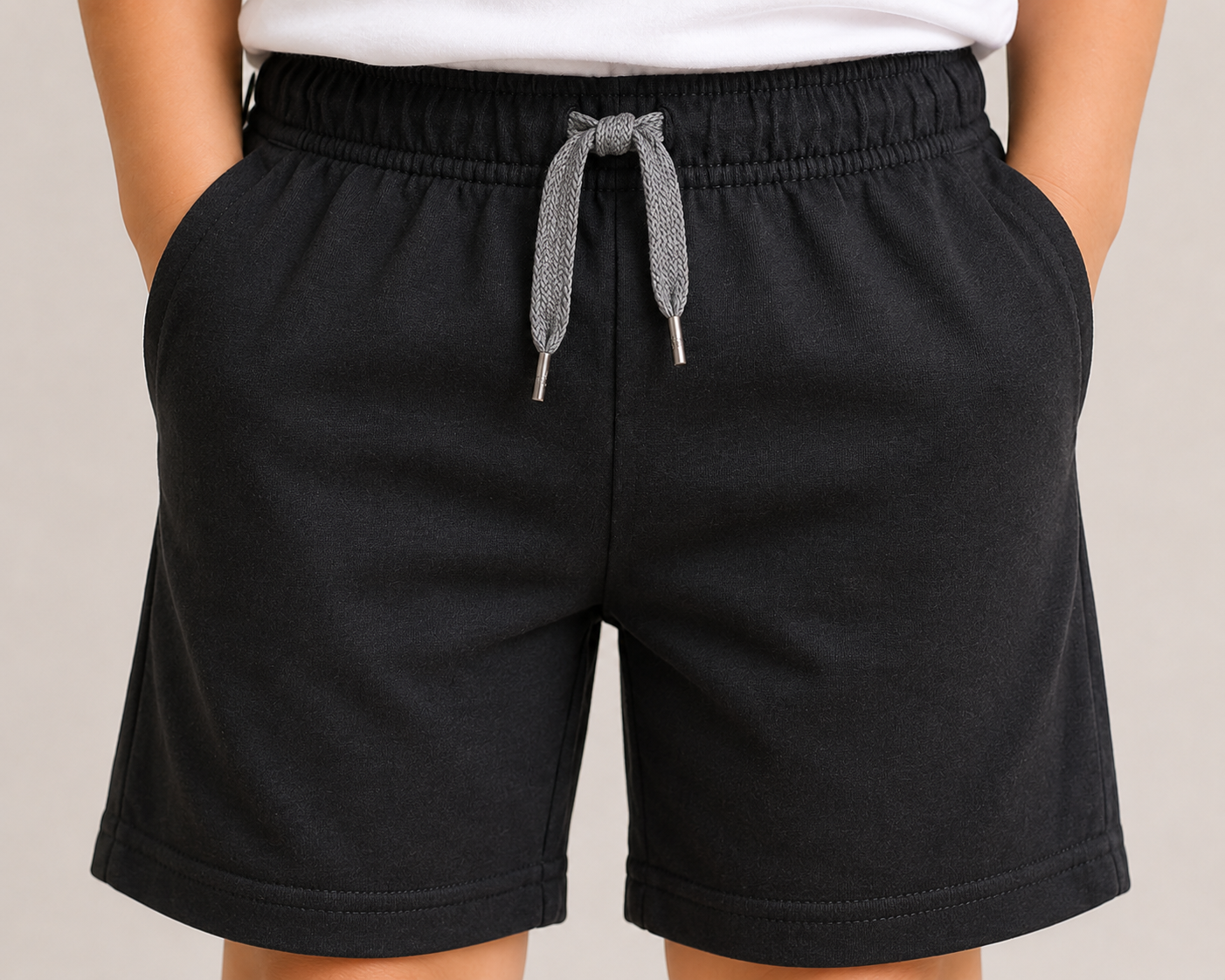 Kids Solid Black Casual Shorts with Elastic Waist & Drawstring for Boys and Girls