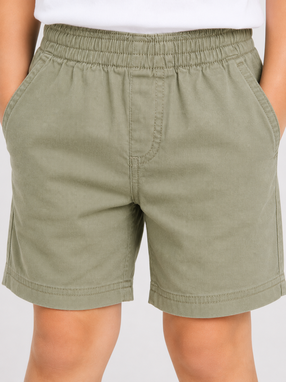 Kids Solid Olive Green Cotton Casual Shorts with Elastic Waist for Boys and Girls