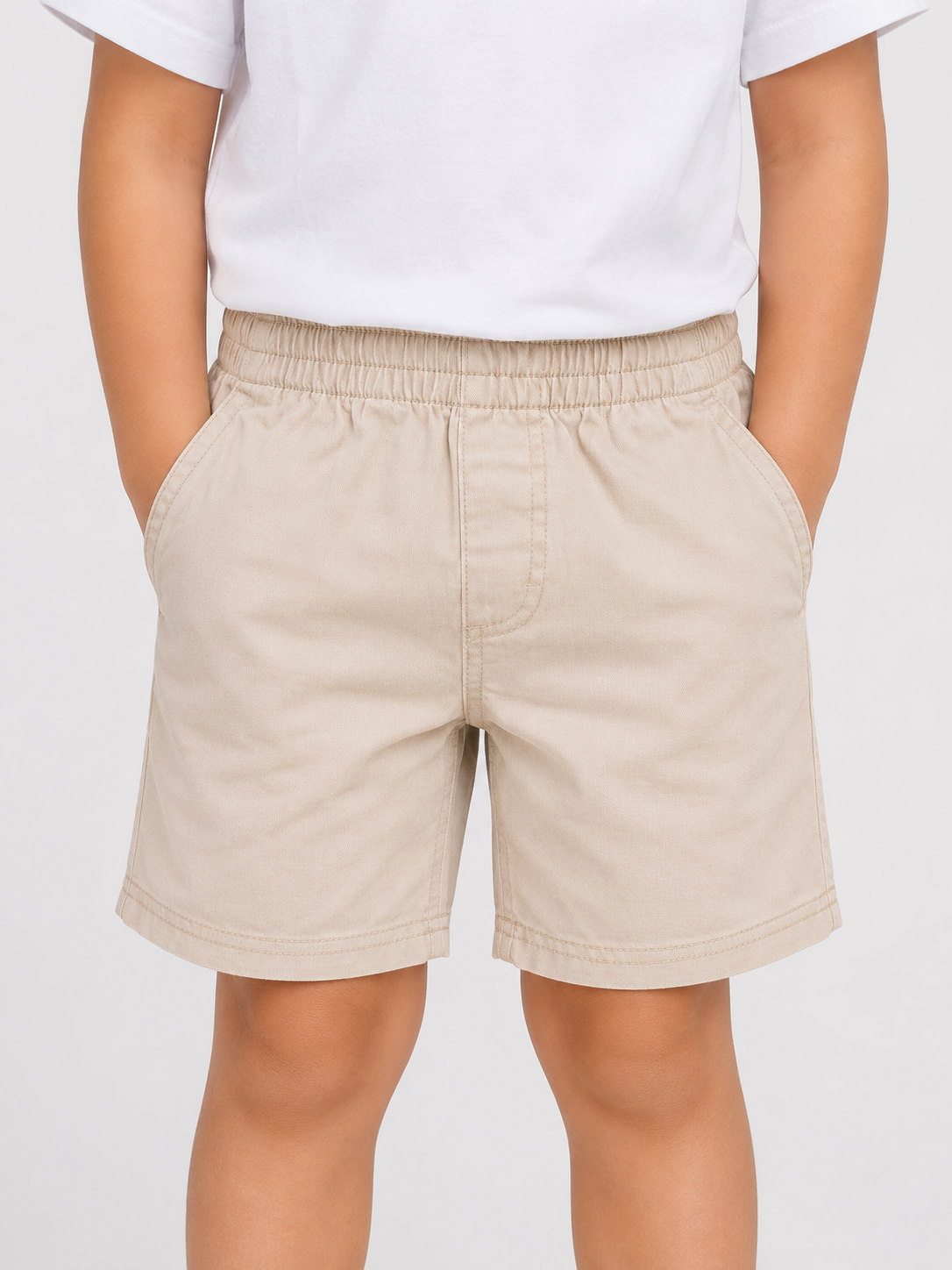 Kids Solid Beige Cotton Casual Shorts with Elastic Waist for Boys and Girls