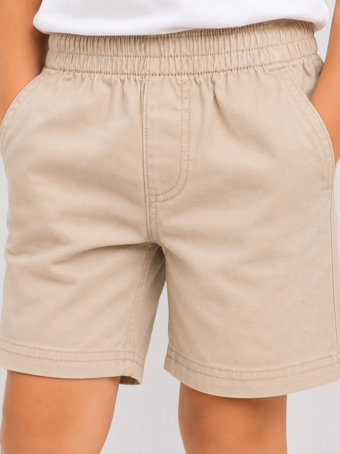 Kids Solid Beige Cotton Casual Shorts with Elastic Waist for Boys and Girls