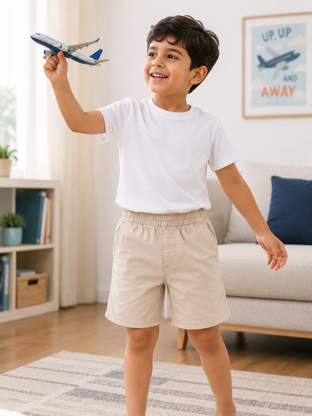 Kids Solid Beige Cotton Casual Shorts with Elastic Waist for Boys and Girls