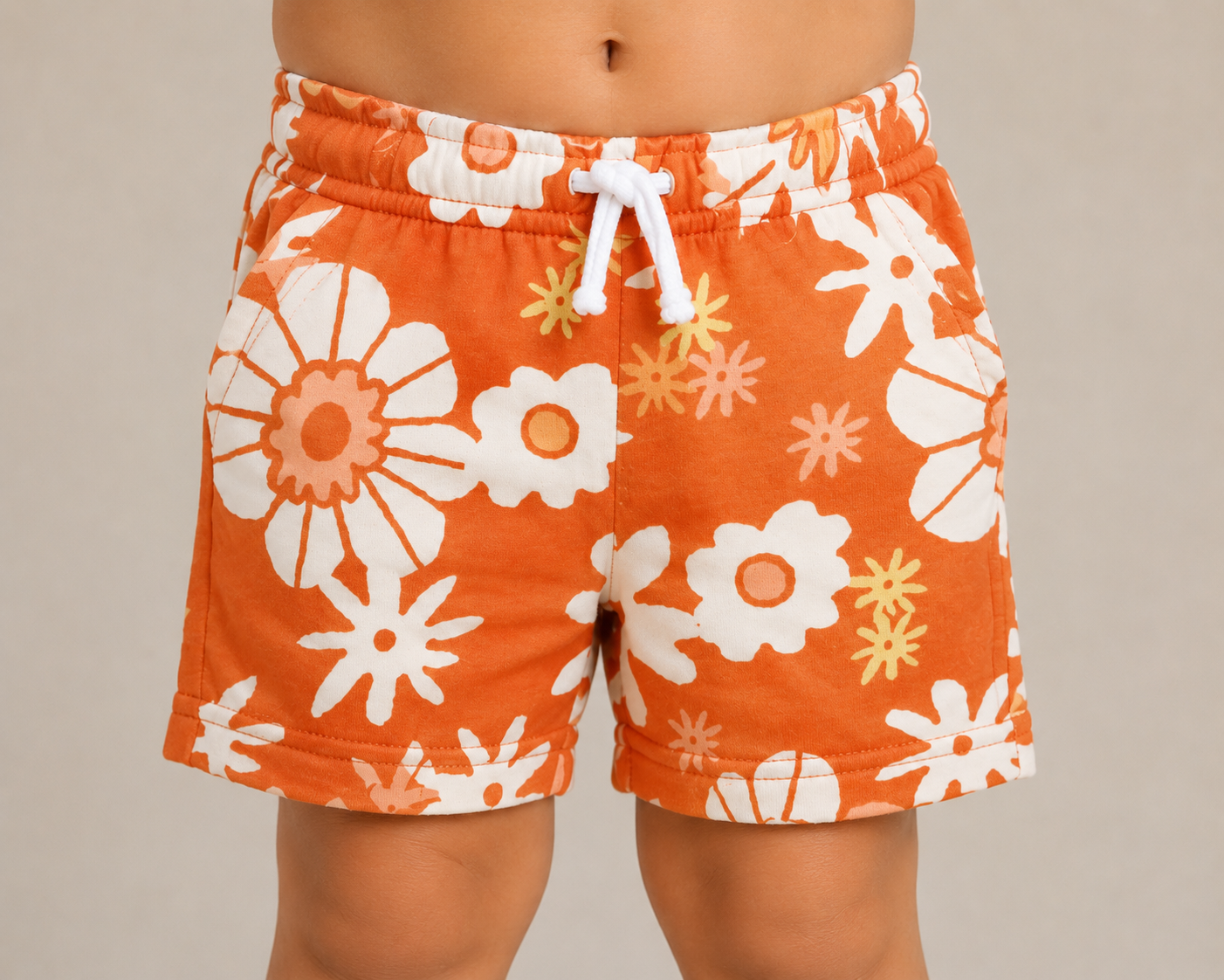 Kids Floral Print Casual Shorts | Orange Drawstring Summer Shorts for Boys & Girls