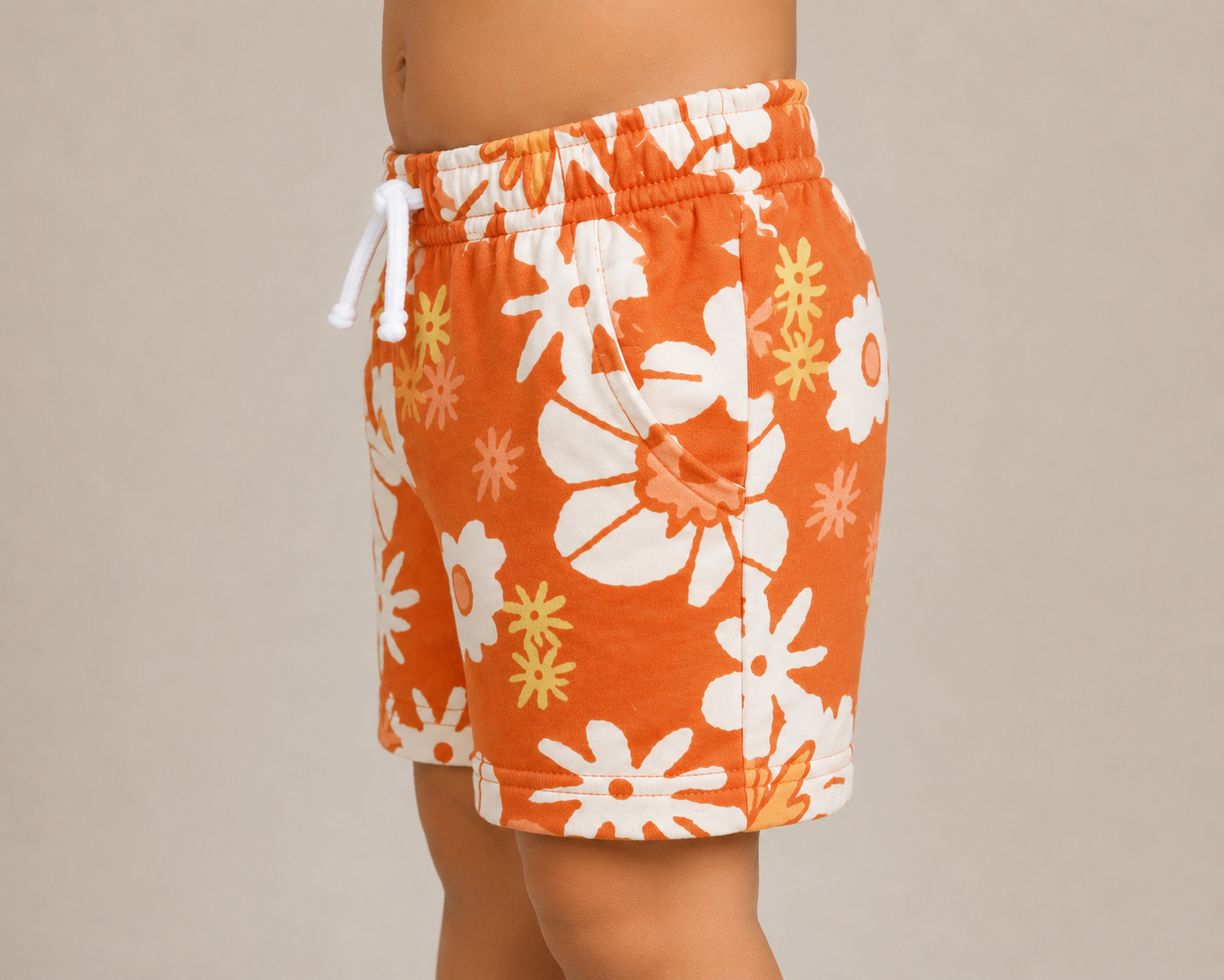 Kids Floral Print Casual Shorts | Orange Drawstring Summer Shorts for Boys & Girls