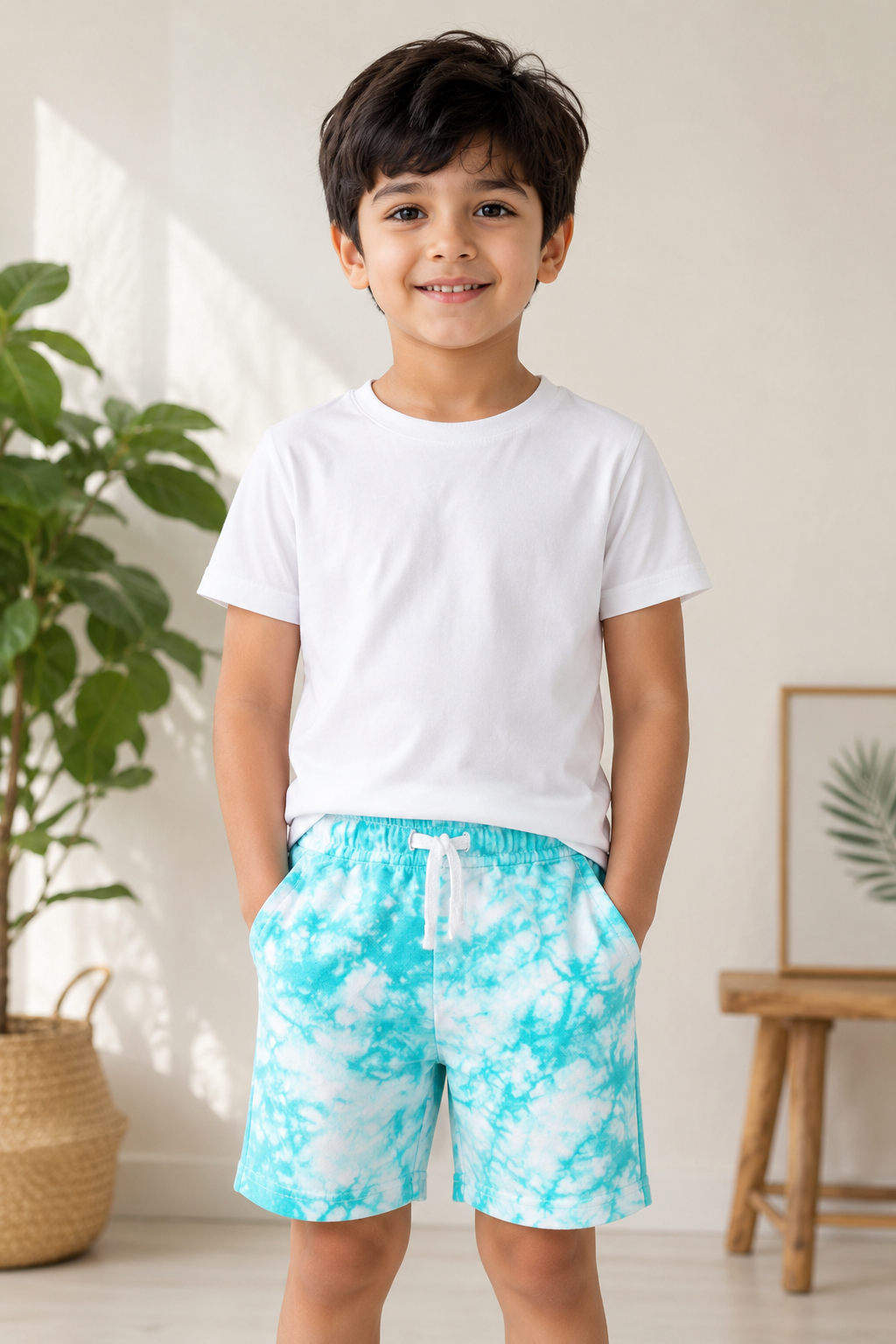 Kids Tie Dye Casual Shorts | Aqua Blue Drawstring Summer Shorts for Boys & Girls