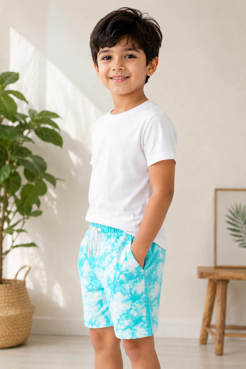 Kids Tie Dye Casual Shorts | Aqua Blue Drawstring Summer Shorts for Boys & Girls