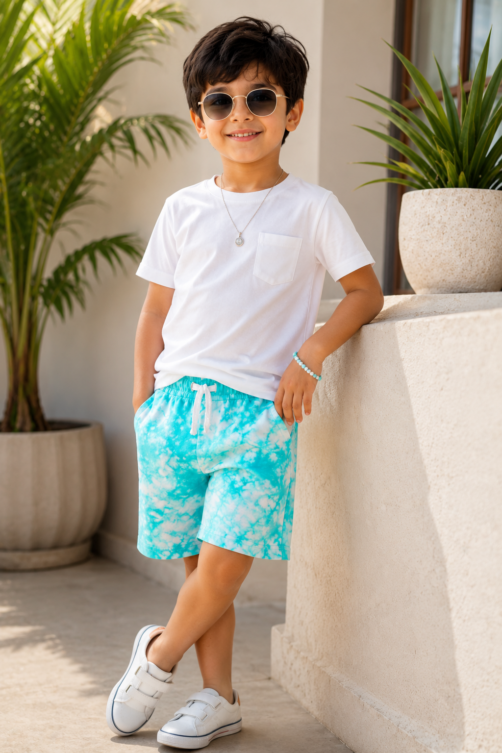 Kids Tie Dye Casual Shorts | Aqua Blue Drawstring Summer Shorts for Boys & Girls