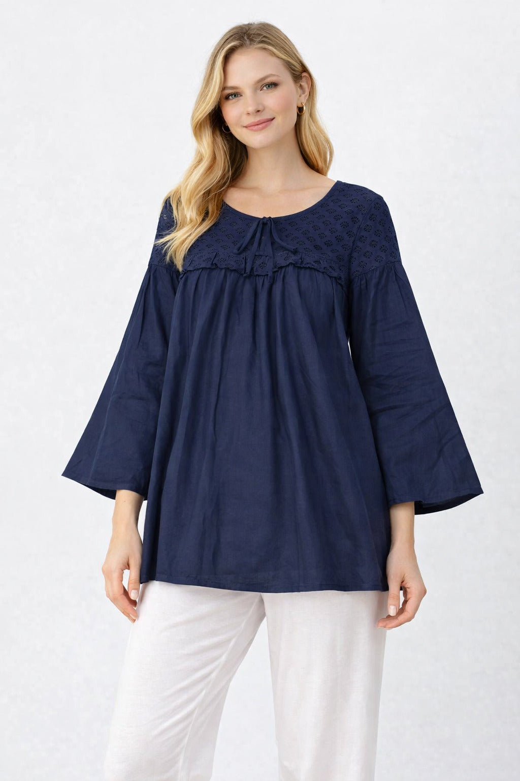 Women Navy Blue Cotton Top | Loose Fit Casual Tunic Top | 3/4 Sleeve A-Line Kurti Style Top