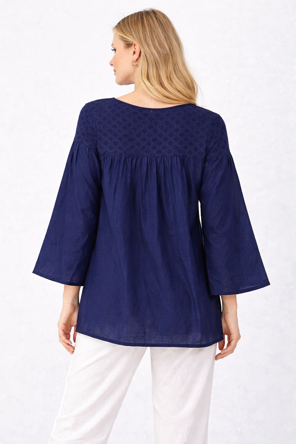 Women Navy Blue Cotton Top | Loose Fit Casual Tunic Top | 3/4 Sleeve A-Line Kurti Style Top