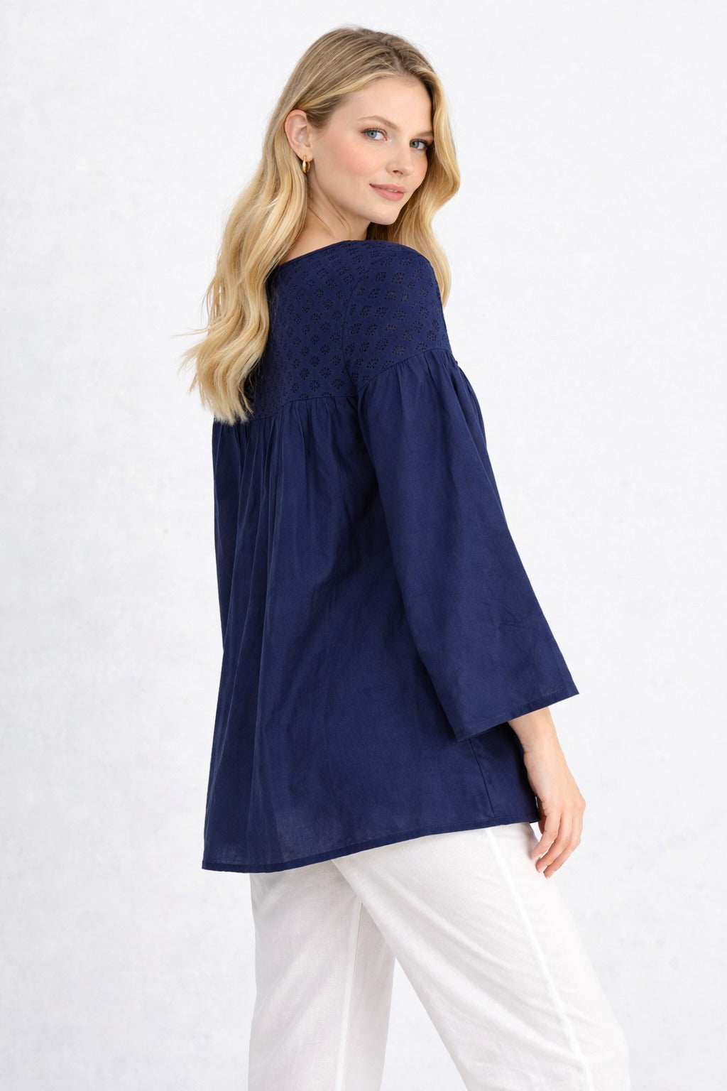 Women Navy Blue Cotton Top | Loose Fit Casual Tunic Top | 3/4 Sleeve A-Line Kurti Style Top