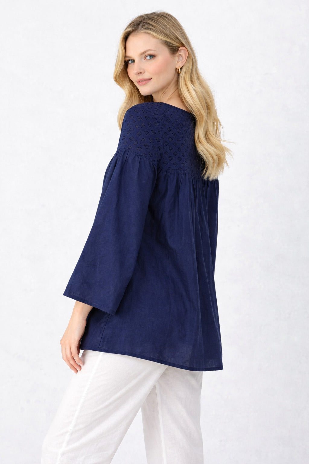 Women Navy Blue Cotton Top | Loose Fit Casual Tunic Top | 3/4 Sleeve A-Line Kurti Style Top