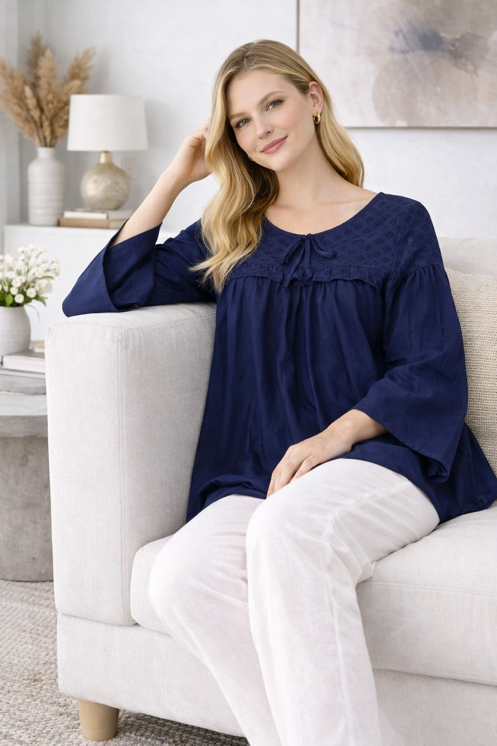 Women Navy Blue Cotton Top | Loose Fit Casual Tunic Top | 3/4 Sleeve A-Line Kurti Style Top