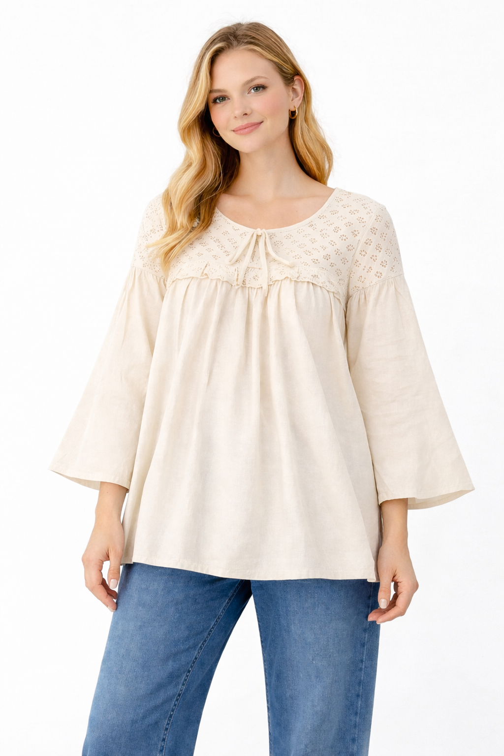 Women Cream Cotton Tunic Top | Loose Fit Casual A-Line Top | 3/4 Sleeve Bell Sleeve Kurti Style Top