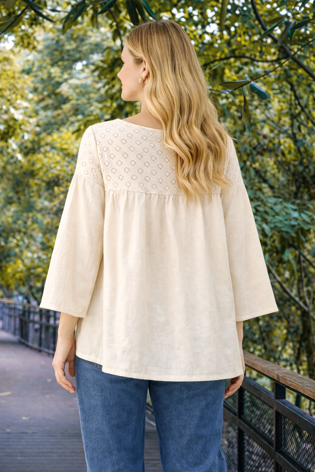 Women Cream Cotton Tunic Top | Loose Fit Casual A-Line Top | 3/4 Sleeve Bell Sleeve Kurti Style Top