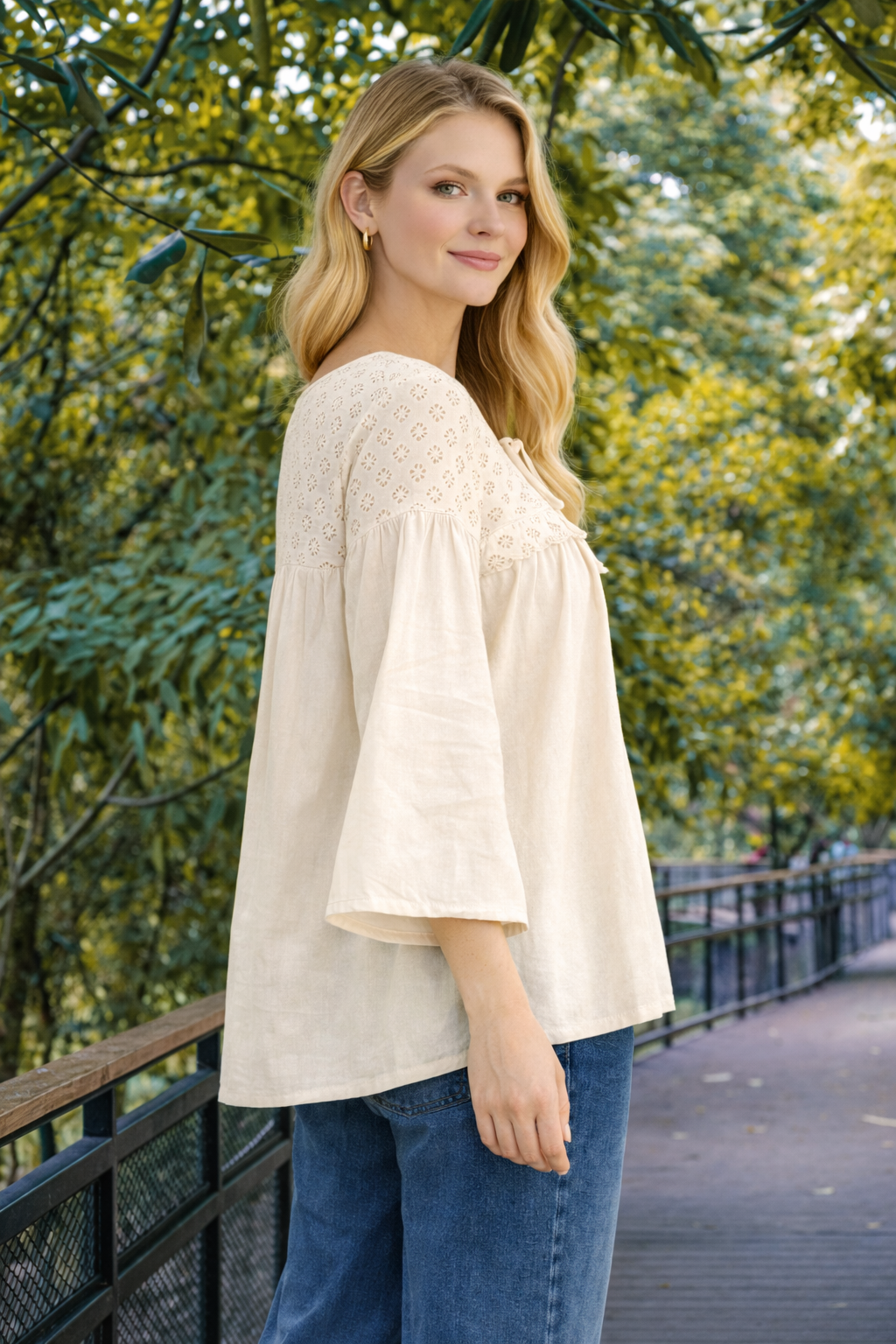 Women Cream Cotton Tunic Top | Loose Fit Casual A-Line Top | 3/4 Sleeve Bell Sleeve Kurti Style Top