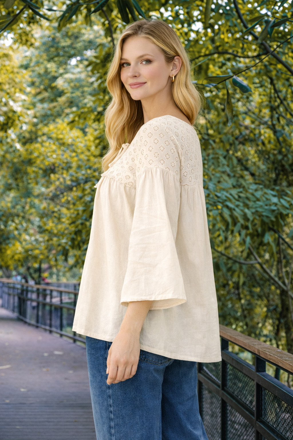 Women Cream Cotton Tunic Top | Loose Fit Casual A-Line Top | 3/4 Sleeve Bell Sleeve Kurti Style Top