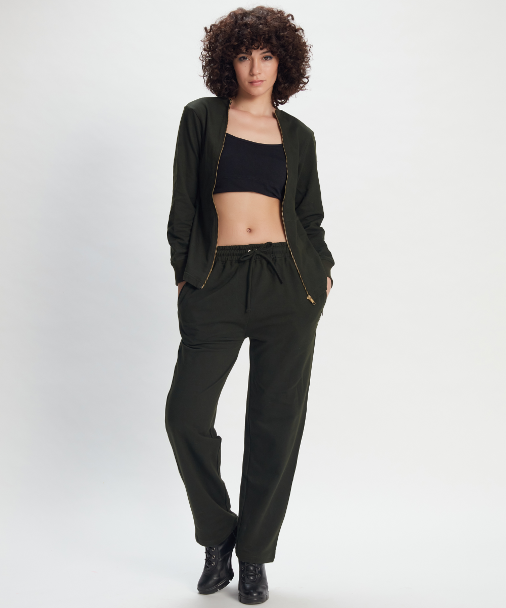 Olive Green Athleisure Track Pants ,Convertible Jacket