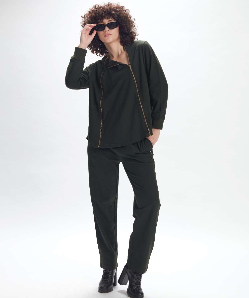 Olive Green Athleisure Track Pants ,Convertible Jacket