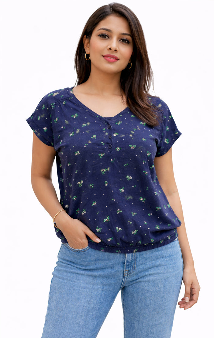 Navy Blue Floral V-Neck Top