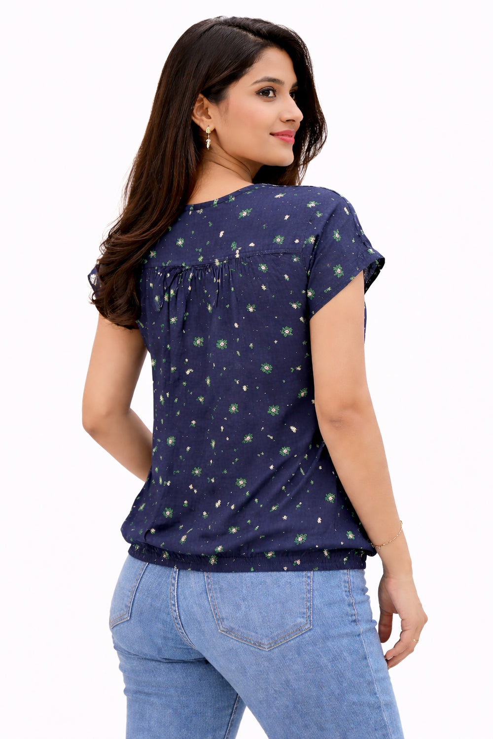 Navy Blue Floral V-Neck Top