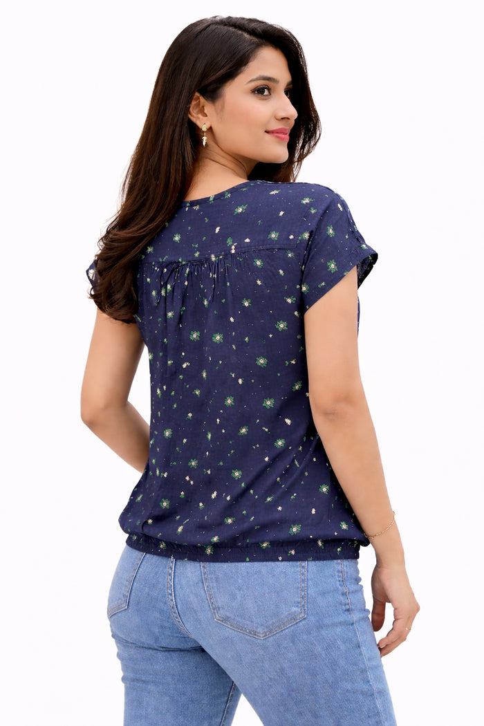 Navy Blue Floral V-Neck Top