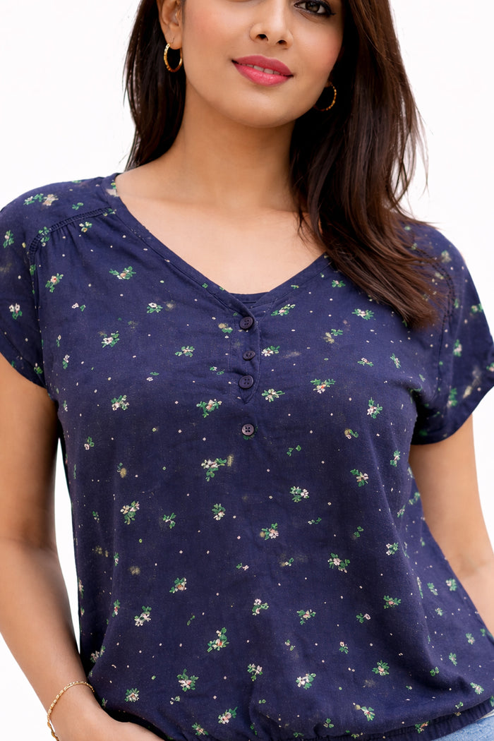 Navy Blue Floral V-Neck Top