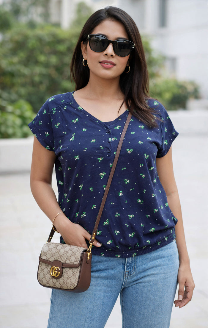Navy Blue Floral V-Neck Top