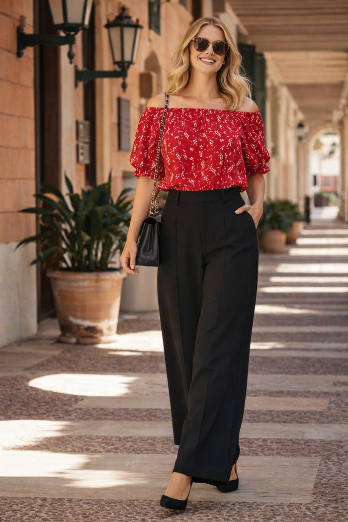 Red Off Shoulder Printed Top