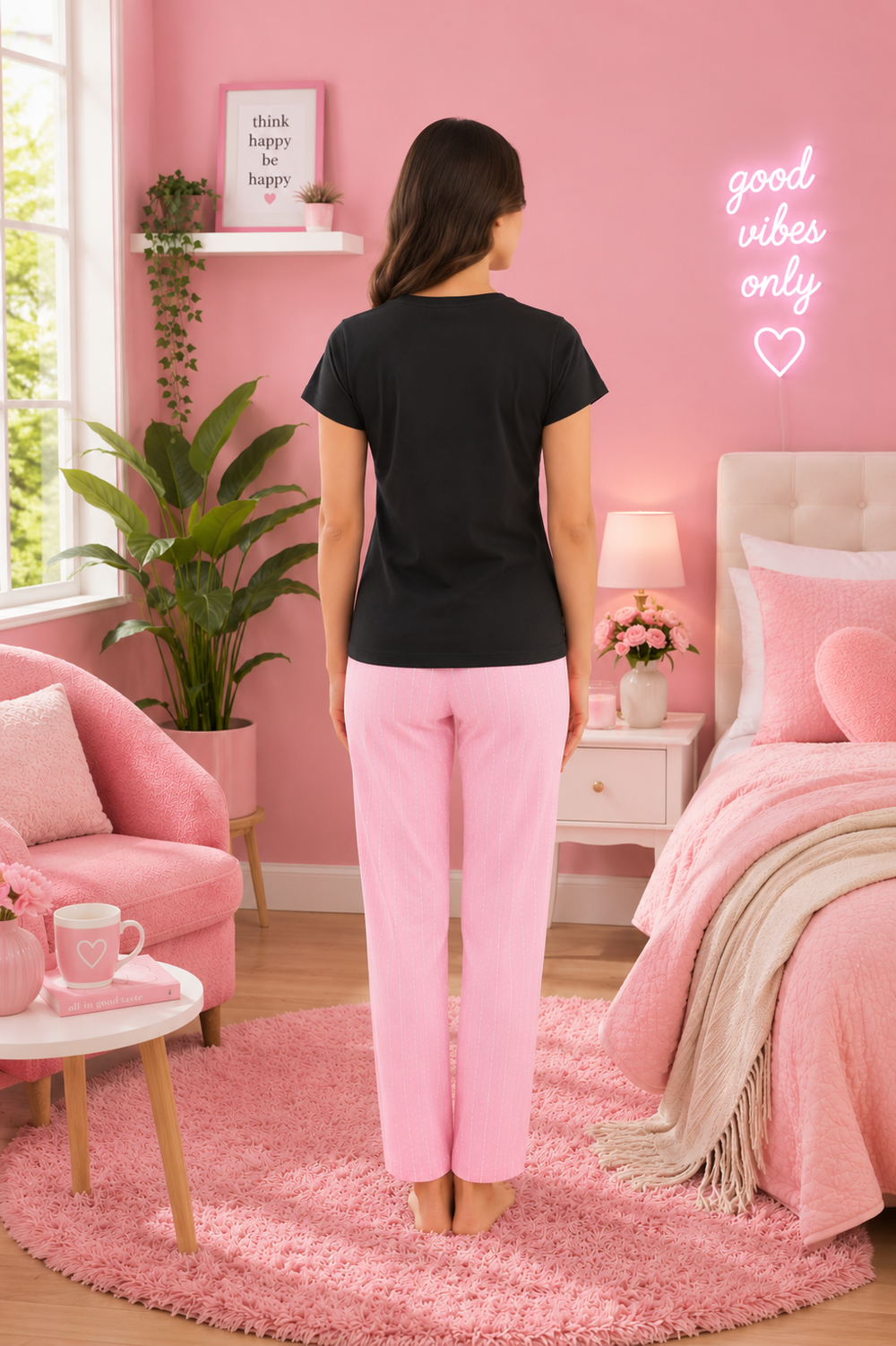 Black and Pink T-Shirt Pajama Set