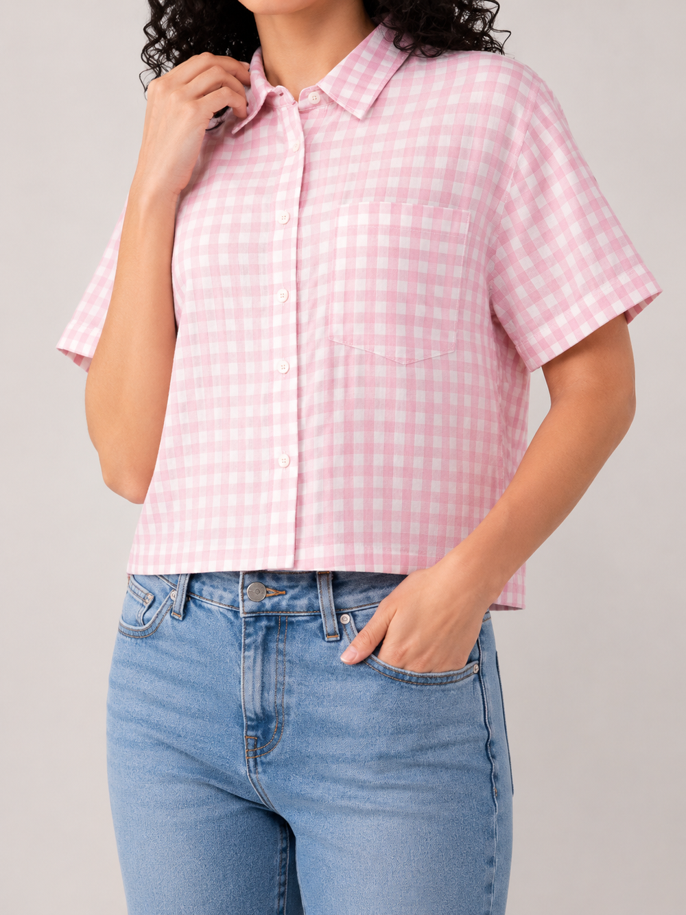 Pink Checked Cropped Shirt