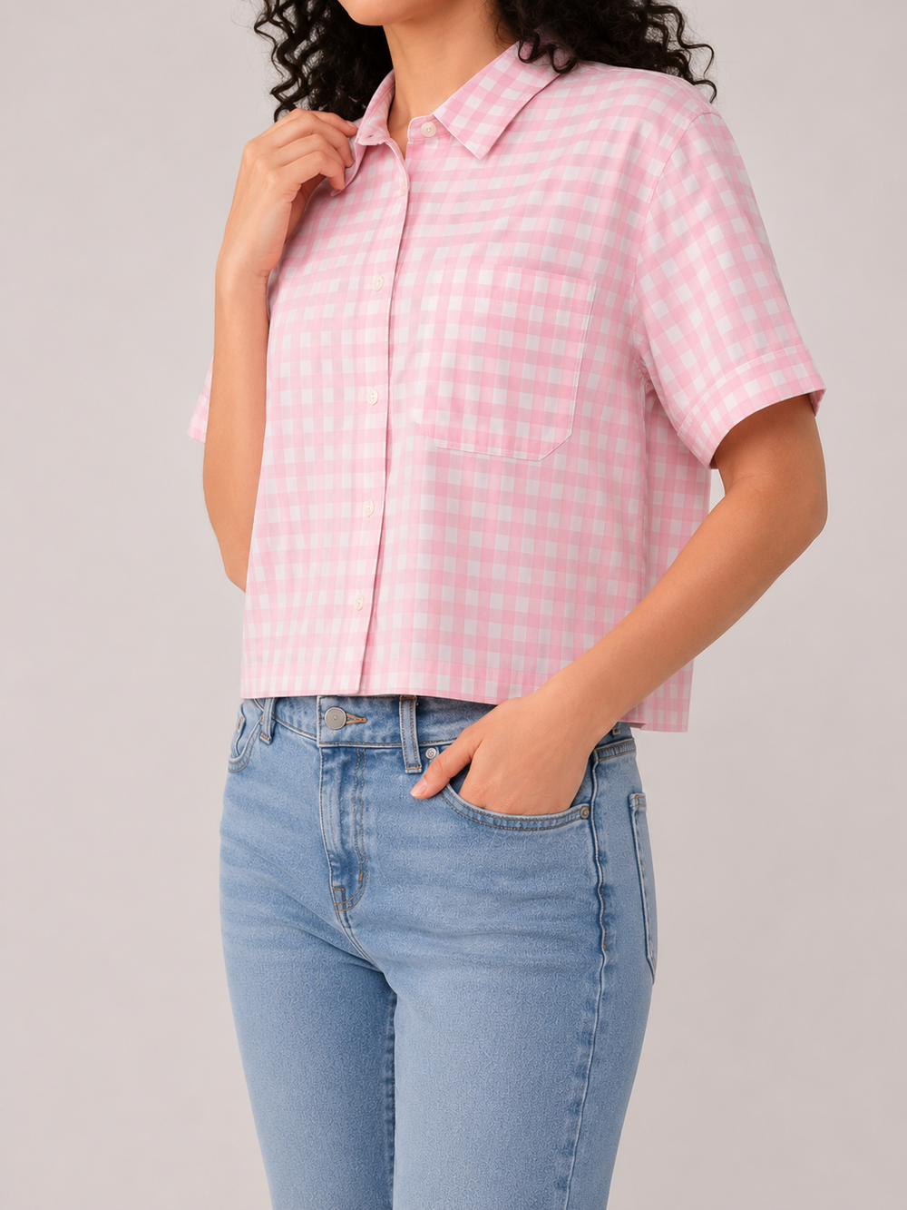 Pink Checked Cropped Shirt