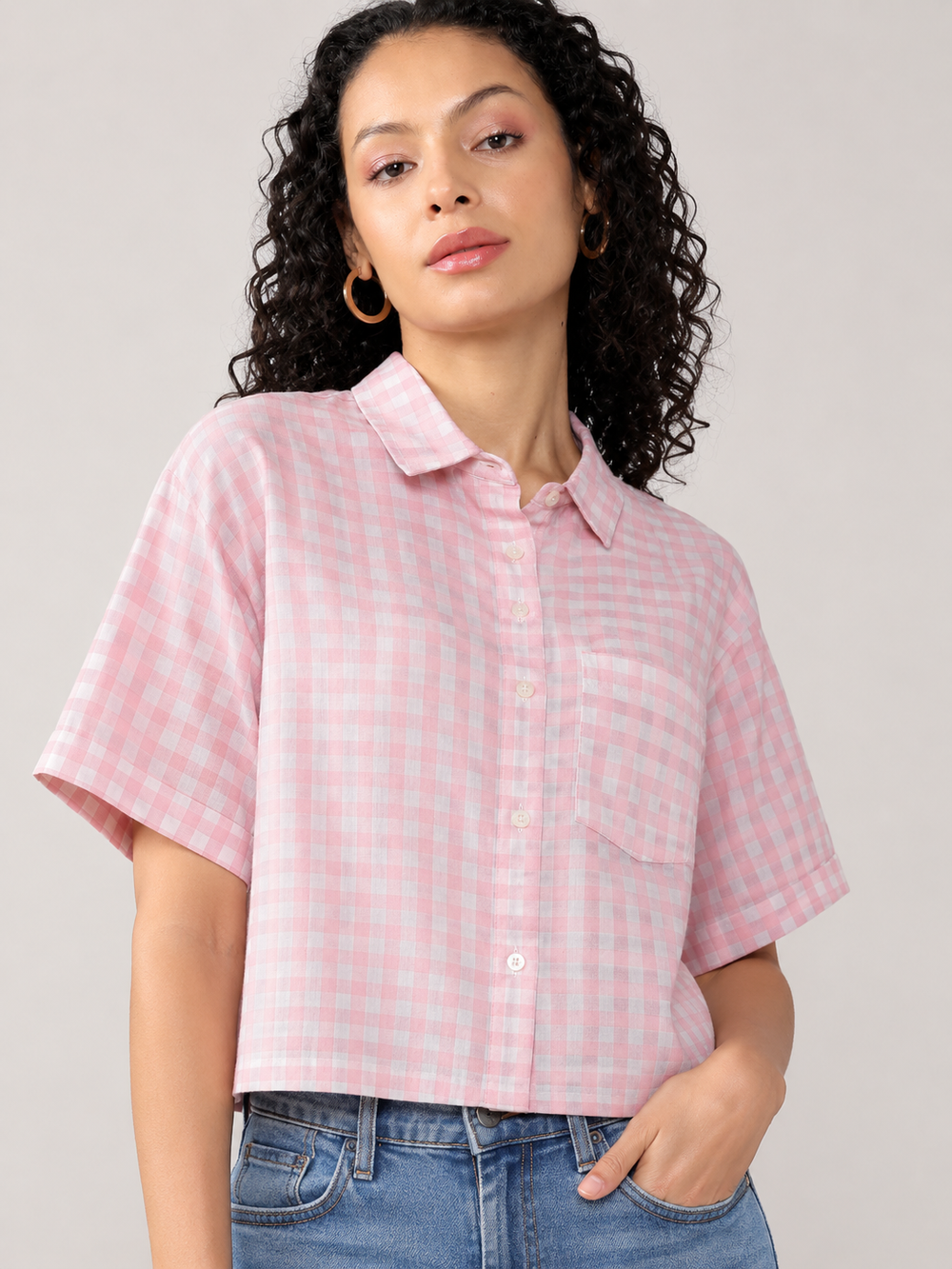 Pink Checked Cropped Shirt