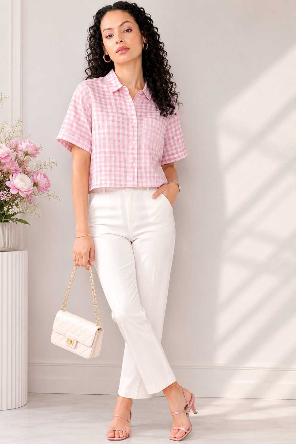 Pink Checked Cropped Shirt