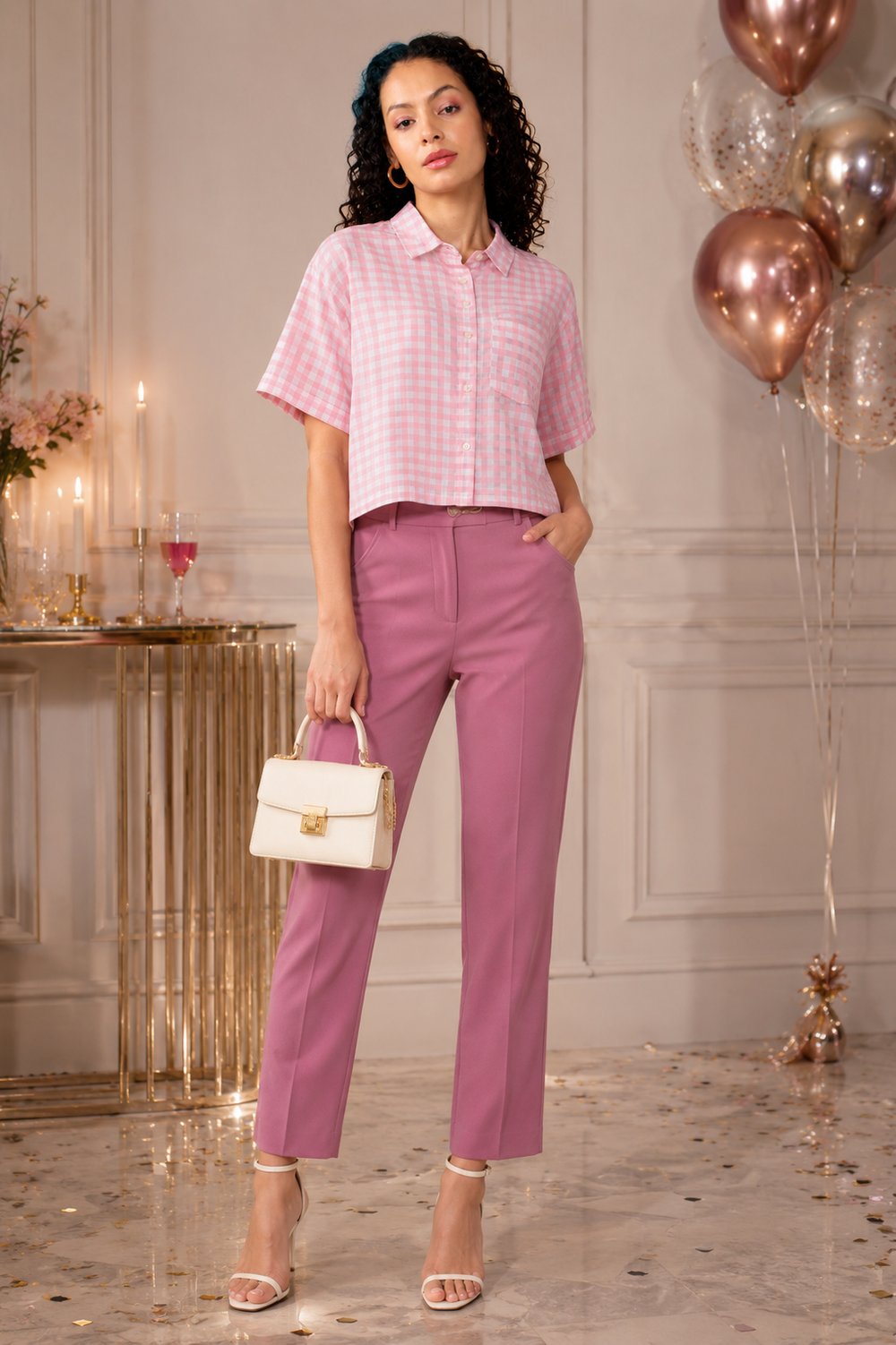 Pink Checked Cropped Shirt