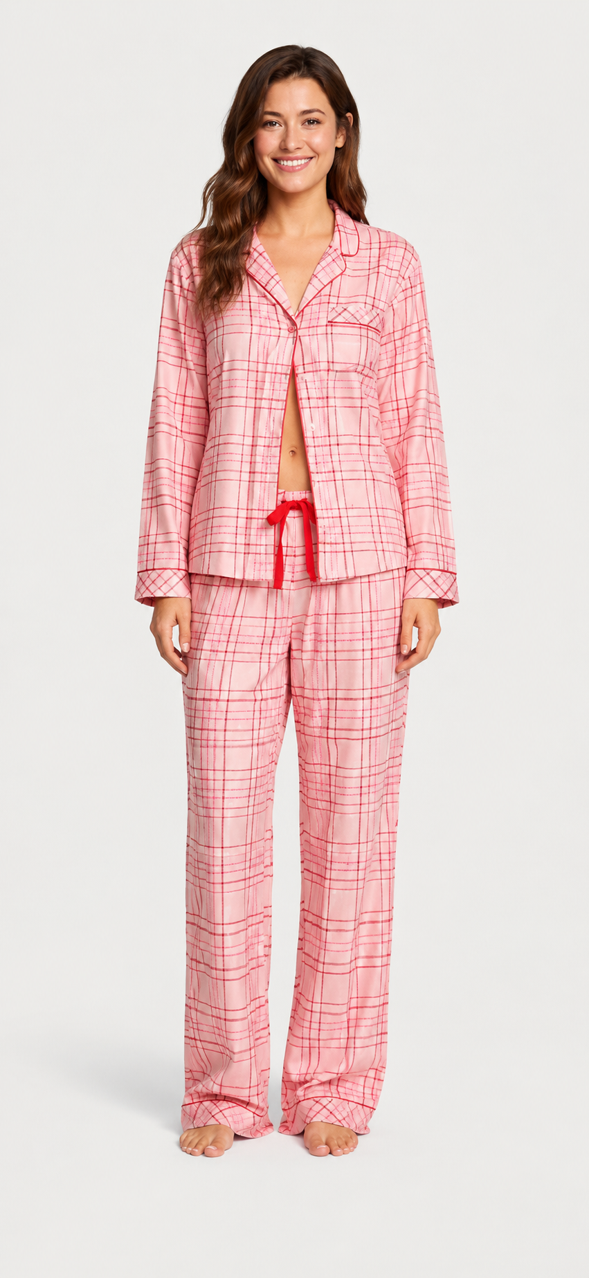 Women Pink Checked Night Suit Set | Full Sleeve Button Down Pajama Set