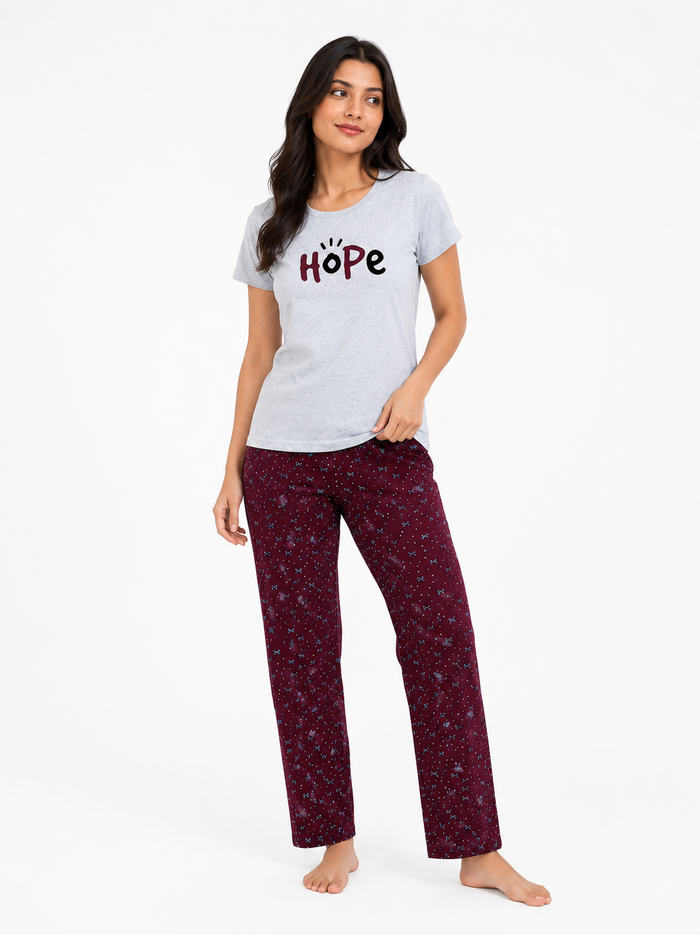 White Maroon T-Shirt Pajama Set
