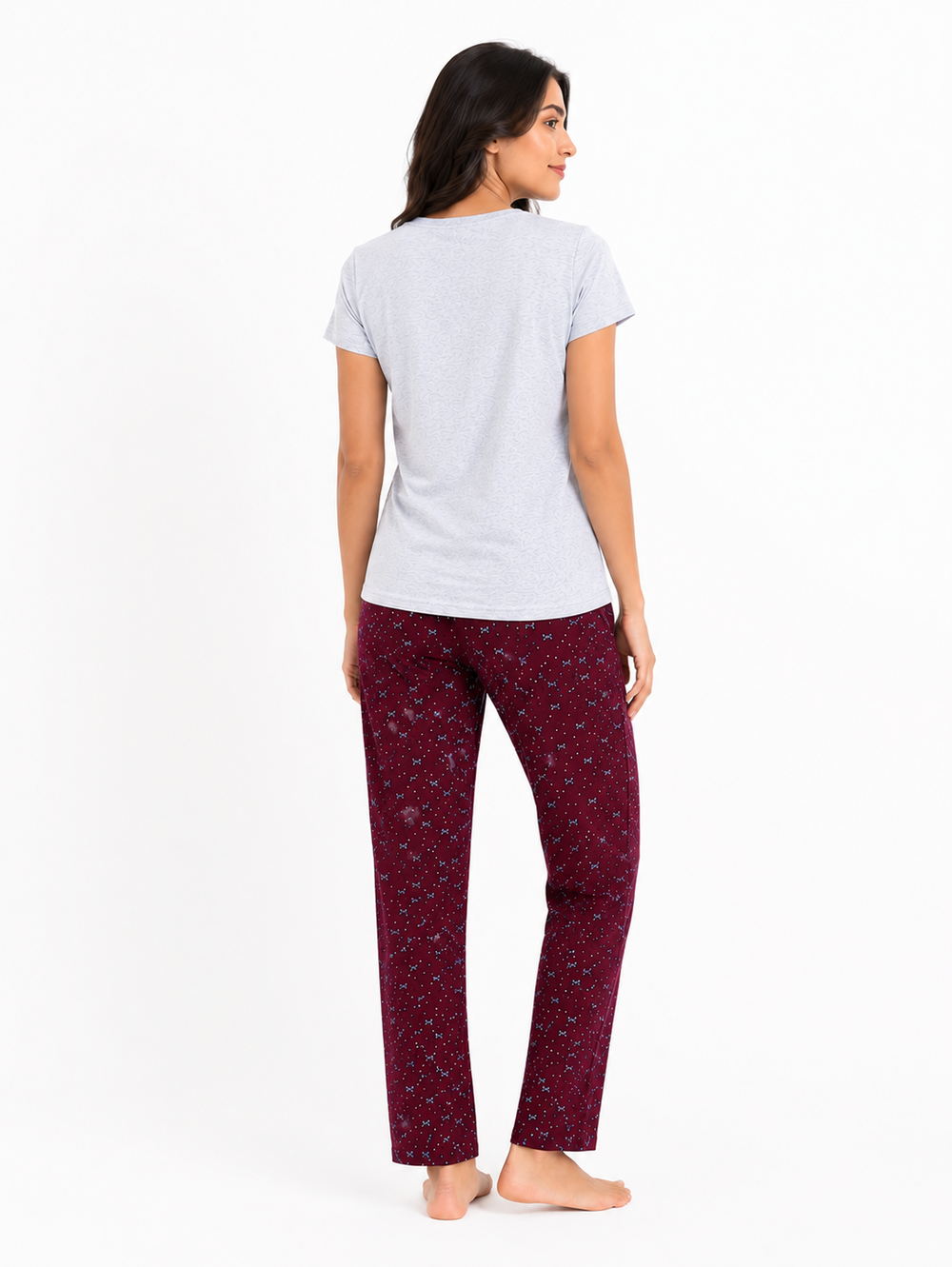 White Maroon T-Shirt Pajama Set