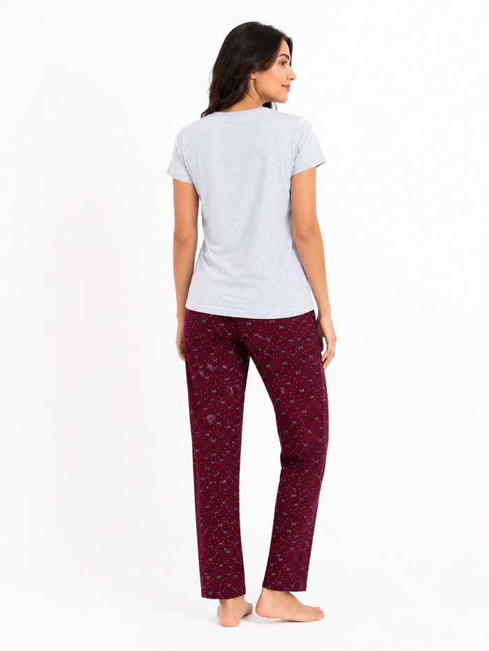 White Maroon T-Shirt Pajama Set