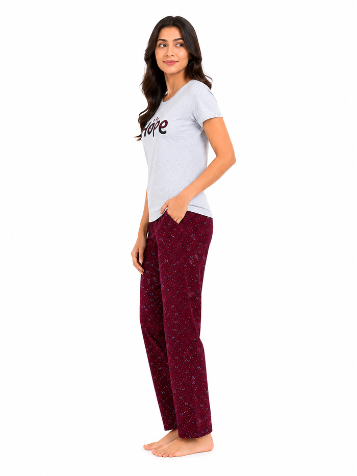White Maroon T-Shirt Pajama Set