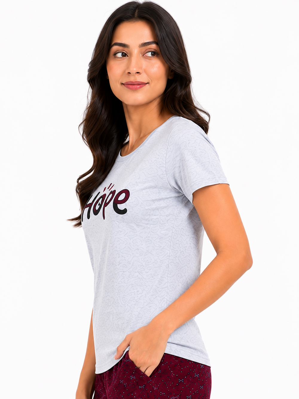 White Maroon T-Shirt Pajama Set