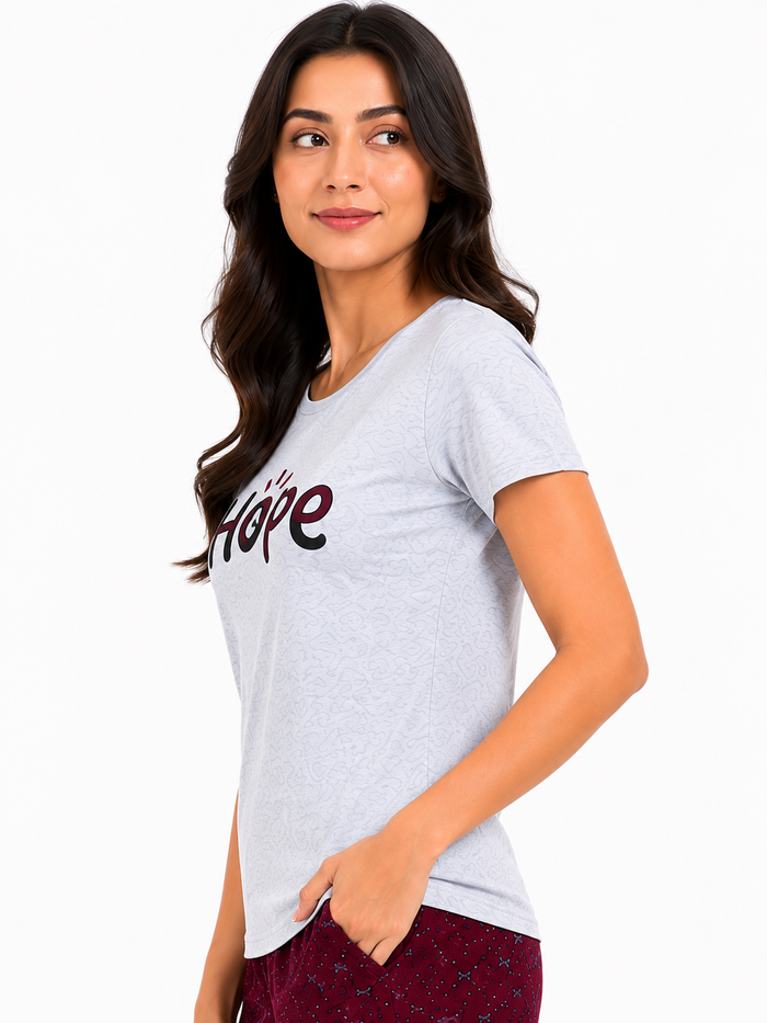 White Maroon T-Shirt Pajama Set