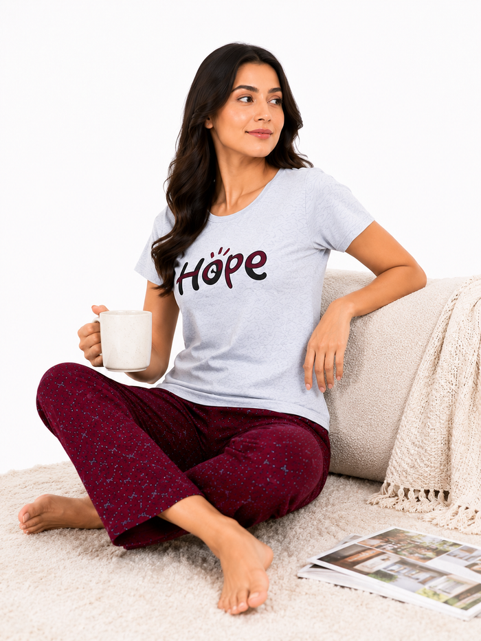 White Maroon T-Shirt Pajama Set